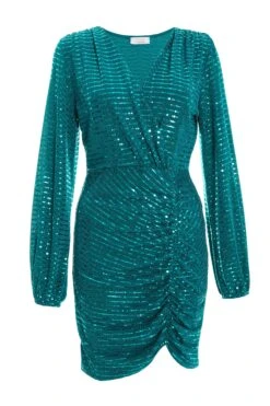 Teal Sequin Ruched Bodycon Mini Dress
