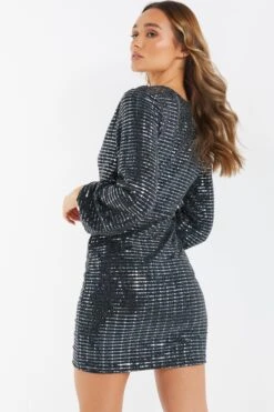 Black Sequin Ruched Bodycon Mini Dress -Princess Style Shop 00100036283 XB