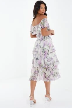 White Chiffon Floral Bardot Midi Dress -Princess Style Shop 00100036289 XB