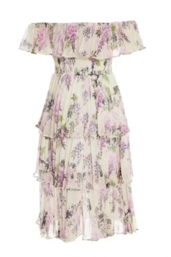 White Chiffon Floral Bardot Midi Dress -Princess Style Shop 00100036289 ZB