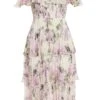 White Chiffon Floral Bardot Midi Dress -Princess Style Shop 00100036289 ZM