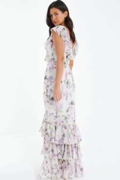 White Chiffon Floral Frill Maxi Dress -Princess Style Shop 00100036290 XB