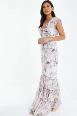 White Chiffon Floral Frill Maxi Dress -Princess Style Shop 00100036290 XS