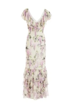White Chiffon Floral Frill Maxi Dress -Princess Style Shop 00100036290 ZB