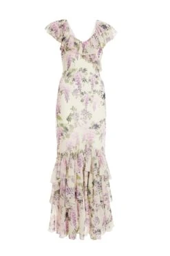 White Chiffon Floral Frill Maxi Dress
