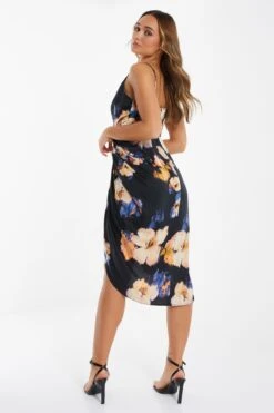 Black Satin Floral Ruched Midi Dress -Princess Style Shop 00100036340 XB