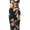 Black Satin Floral Ruched Midi Dress -Princess Style Shop 00100036340 ZM