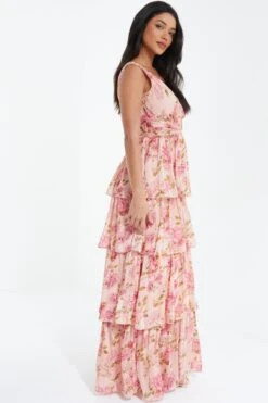 Cream Chiffon Floral Tiered Maxi Dress -Princess Style Shop 00100036346 XS