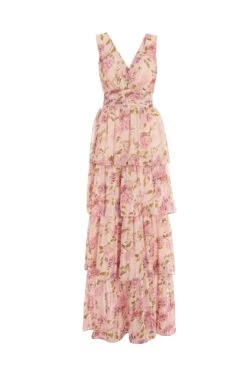 Cream Chiffon Floral Tiered Maxi Dress