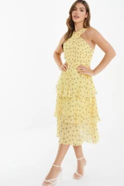 Yellow Chiffon Floral Tiered Midi Dress -Princess Style Shop 00100036348 XS
