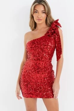 Red Sequin Bow Bodycon Mini Dress -Princess Style Shop 00100036356 XM