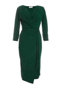 Bottle Green Glitter Wrap Tie Midi Dress