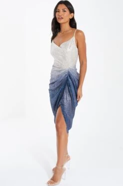 Silver Ombre Sequin Ruched Midi Dress -Princess Style Shop 00100036416 XS