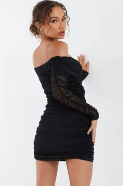 Black Bardot Glitter Ruched Bodycon Mini Dress -Princess Style Shop 00100036425 XB