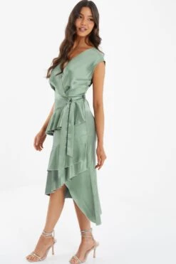 Sage Satin Tiered Midi Dress -Princess Style Shop 00100036434 XS