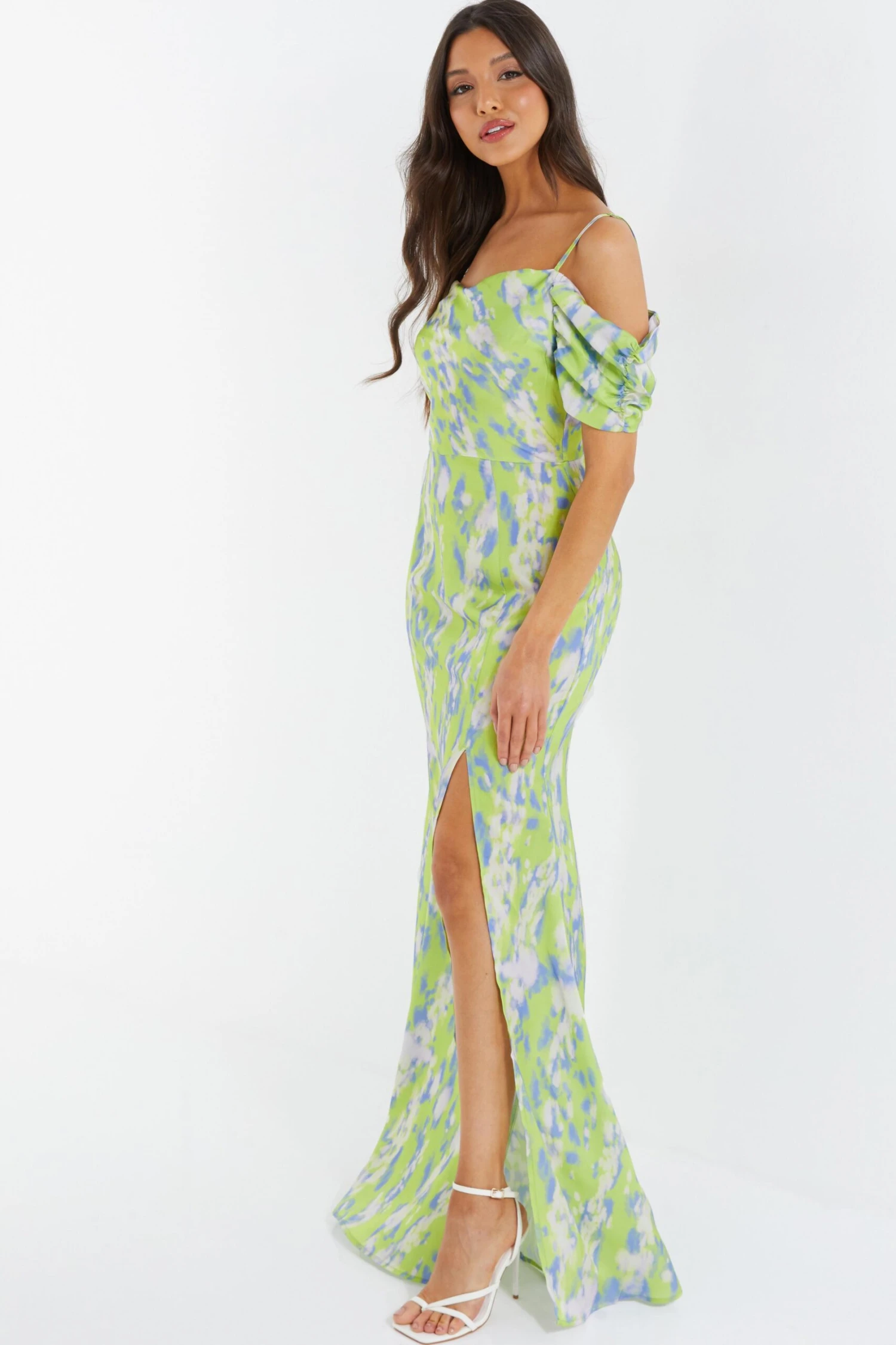 Lime Satin Marble Print Maxi Dress 6 Lime Satin Marble Print Maxi Dress - Image 4