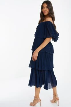 Navy Bardot Pleated Midaxi Dress -Princess Style Shop 00100036451 XB