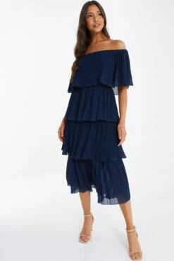 Navy Bardot Pleated Midaxi Dress -Princess Style Shop 00100036451 XM