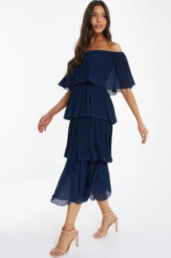 Navy Bardot Pleated Midaxi Dress -Princess Style Shop 00100036451 XS