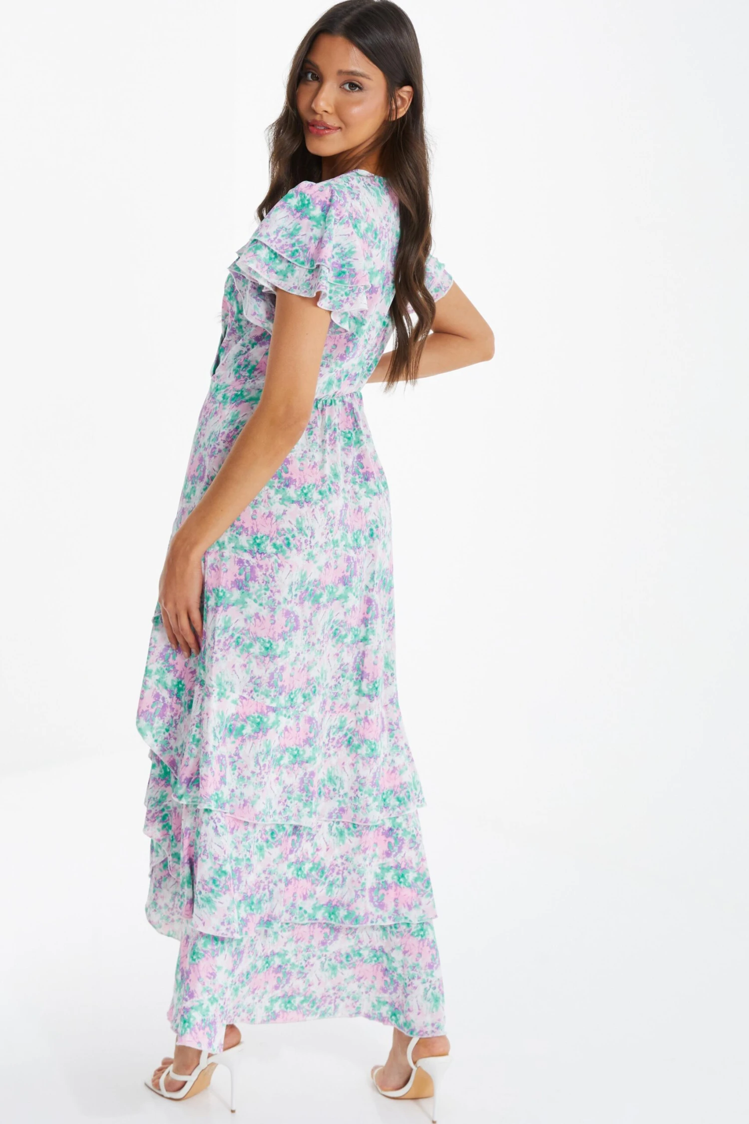 Pink Smudge Print Frill Maxi Dress 5 Pink Smudge Print Frill Maxi Dress - Image 3