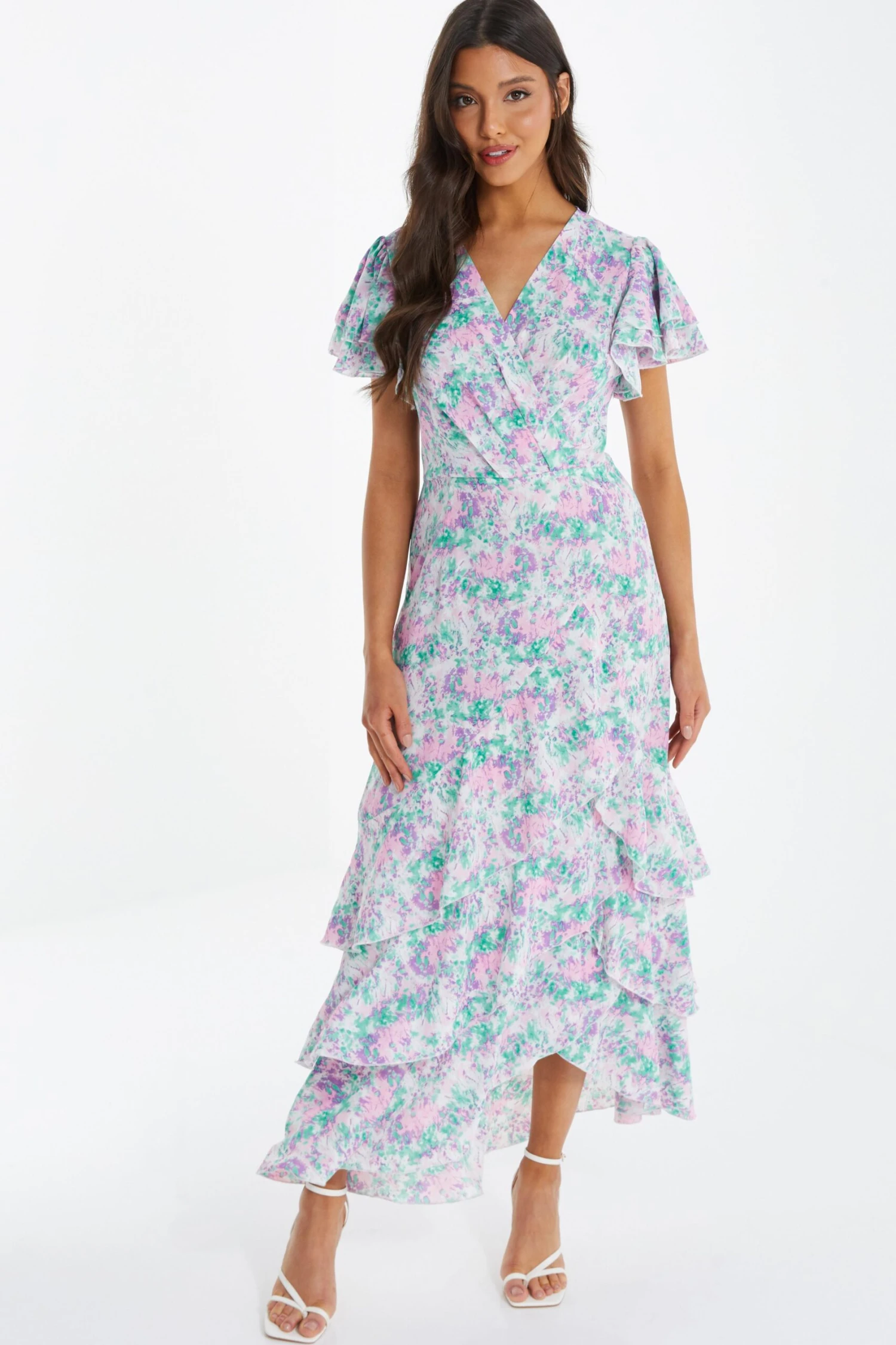Pink Smudge Print Frill Maxi Dress 4 Pink Smudge Print Frill Maxi Dress - Image 2