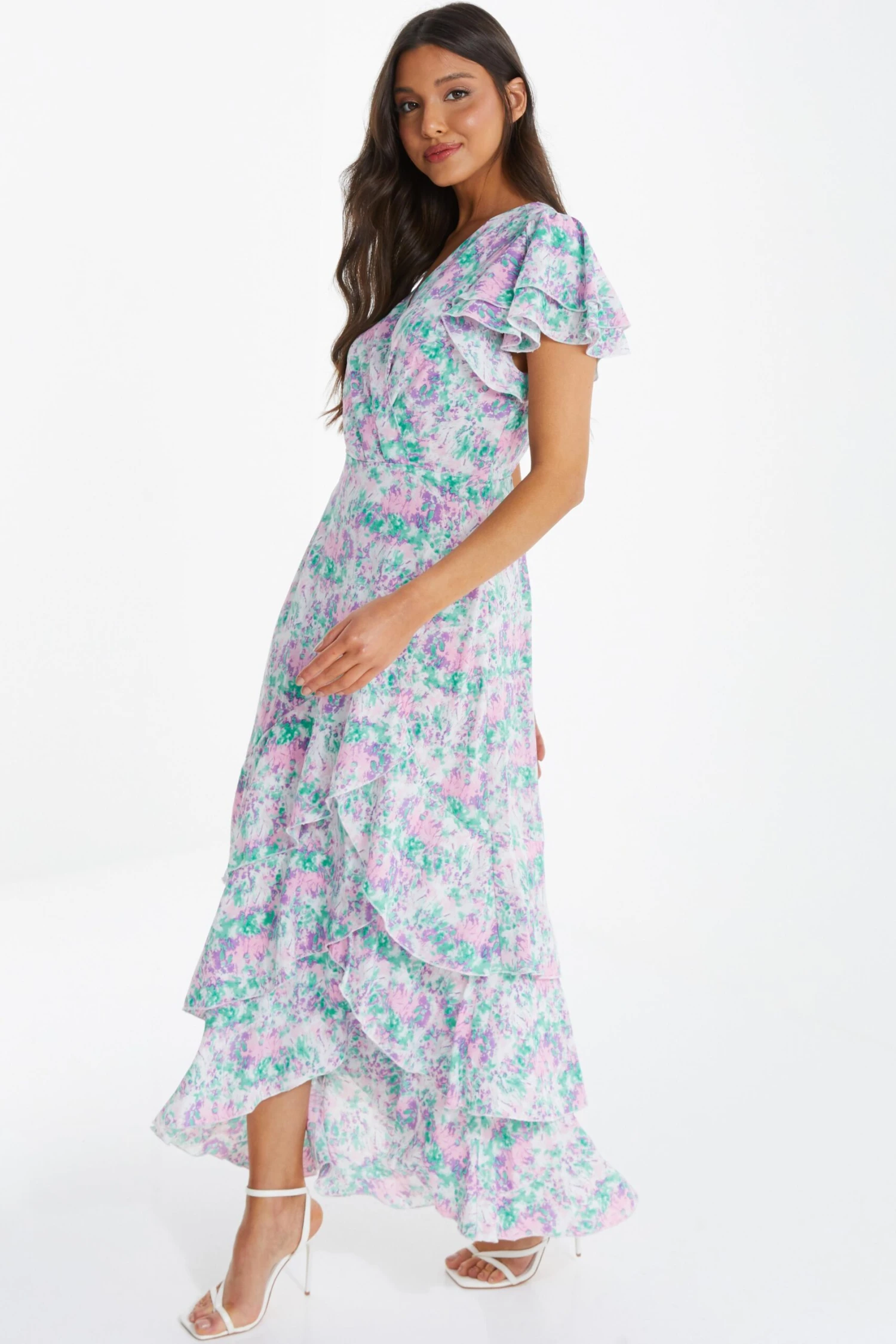 Pink Smudge Print Frill Maxi Dress 6 Pink Smudge Print Frill Maxi Dress - Image 4