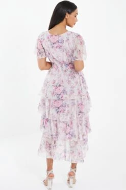 Pink Chiffon Floral Dip Hem Tiered Midi Dress -Princess Style Shop 00100036467 XB