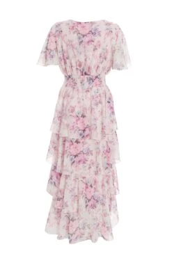 Pink Chiffon Floral Dip Hem Tiered Midi Dress -Princess Style Shop 00100036467 ZB
