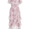 Pink Chiffon Floral Dip Hem Tiered Midi Dress 2 Pink Chiffon Floral Dip Hem Tiered Midi Dress -Princess Style Shop 00100036467 ZM
