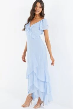 Light Blue Chiffon Frill Maxi Dress -Princess Style Shop 00100036489 XS