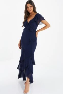 Navy Chiffon Frill Maxi Dress -Princess Style Shop 00100036490 XS