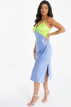 Blue Satin V Neck Midi Dress -Princess Style Shop 00100036493 XS