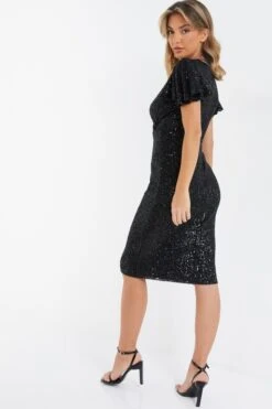 Black Sequin Wrap Midi Dress -Princess Style Shop 00100036495 XB