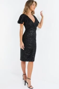 Black Sequin Wrap Midi Dress -Princess Style Shop 00100036495 XS