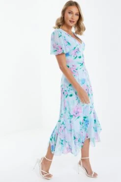 Light Blue Chiffon Floral Midaxi Dress -Princess Style Shop 00100036504 XS