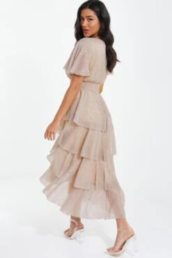 Champagne Chiffon Glitter Tiered Midi Dress -Princess Style Shop 00100036518 XB