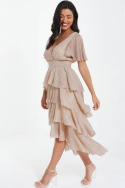 Champagne Chiffon Glitter Tiered Midi Dress -Princess Style Shop 00100036518 XS