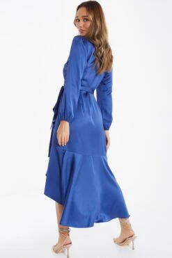 Blue Satin Wrap Midi Dress -Princess Style Shop 00100036530 XB