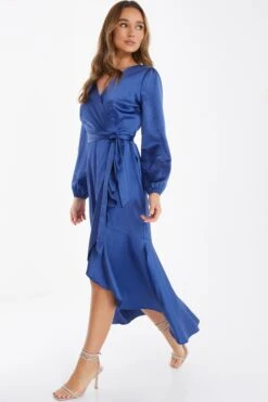 Blue Satin Wrap Midi Dress -Princess Style Shop 00100036530 XS