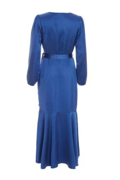 Blue Satin Wrap Midi Dress -Princess Style Shop 00100036530 ZB