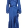 Blue Satin Wrap Midi Dress