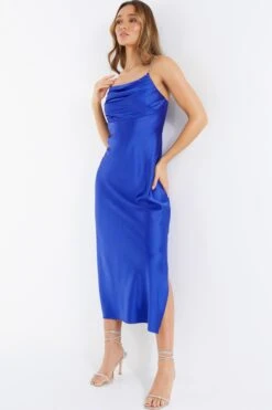 Blue Satin Diamante Midi Dress -Princess Style Shop 00100036531 XS