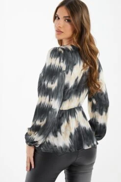 Champagne Satin Marble Print Peplum Top -Princess Style Shop 00100036576 XB