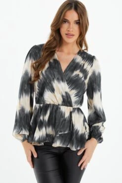 Champagne Satin Marble Print Peplum Top -Princess Style Shop 00100036576 XM