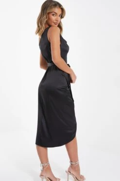 Black Satin One Shoulder Midi Dress -Princess Style Shop 00100036593 XB