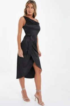 Black Satin One Shoulder Midi Dress -Princess Style Shop 00100036593 XS