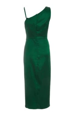 Bottle Green Satin One Shoulder Midi Dress -Princess Style Shop 00100036595 ZB