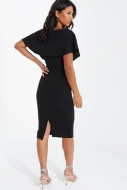 Black Angel Sleeve Wrap Midi Dress -Princess Style Shop 00100036619 XB