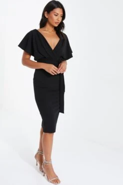 Black Angel Sleeve Wrap Midi Dress -Princess Style Shop 00100036619 XS