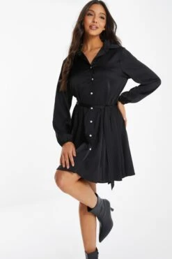 Black Satin Diamante Shirt Mini Dress -Princess Style Shop 00100036627 XM